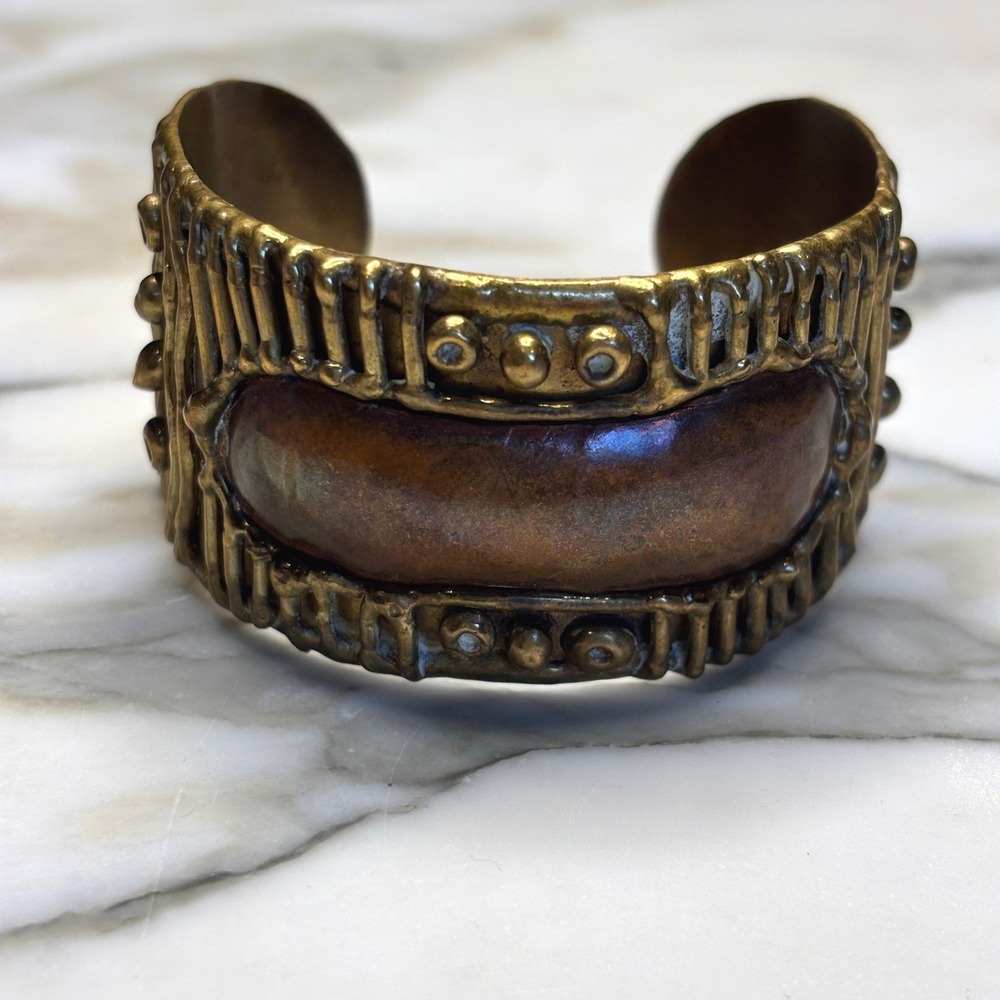 Brutalist Vintage Mixed Metal Brass Copper Textured Cuff Bracelet